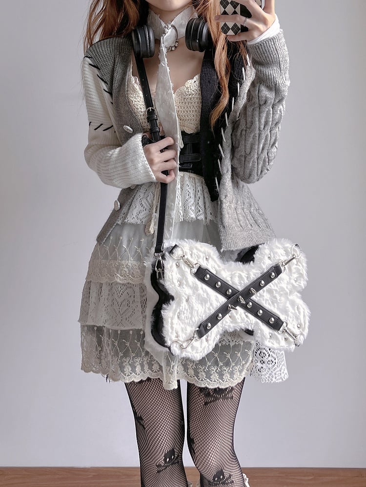 White Punk Y2K Bone-Shaped Fleece Bag With Studded Crisscross Straps