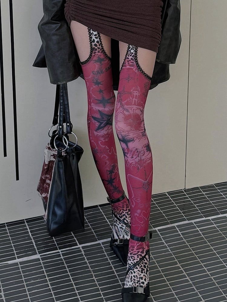 Red 100D/20D Star Leopard Print Lace Trim Suspender Tights