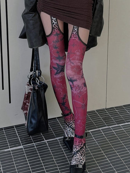 Red 100D/20D Star Leopard Print Lace Trim Suspender Tights