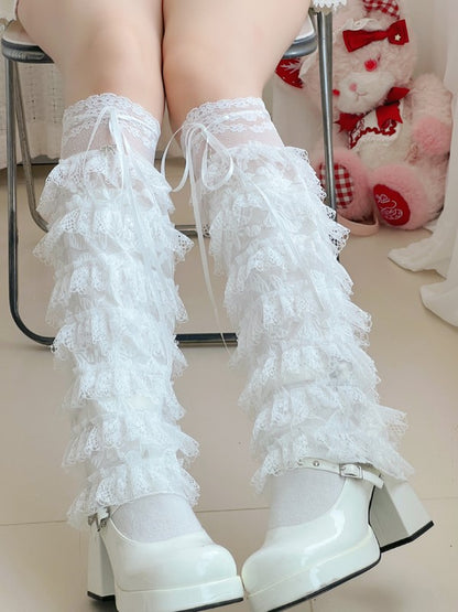 White Floral Pattern Leg Sleeves With Tiered Lace Cuffs And Self-tie Straps