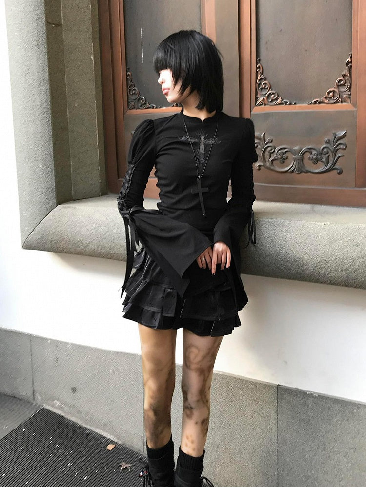 Black Bell Sleeves Top with Embroidered Cross Applique & Side Lace-up