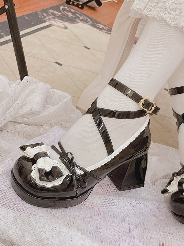 Bow Accents Crisscross Ankle Strap Black Round Toe Sweet Mary Janes