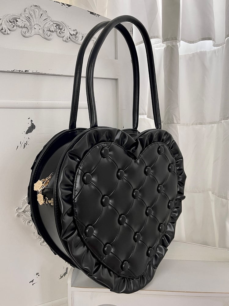 Black Ruffles Trim Heart-shaped Hand Bag