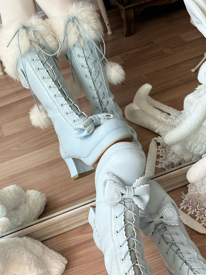 Mid-heel Blue Knee-Highs in PU with Plush Cuff, Bow Decor & Lace+Zip Fastening