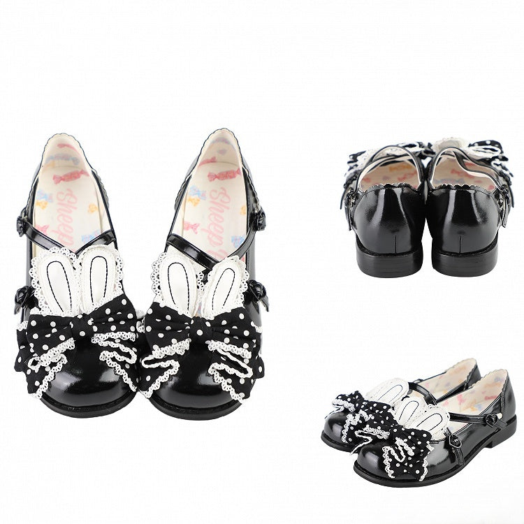Black Crisscross Design Bunny Ear Polka-dot Pattern Bow at Top Lolita Shoes