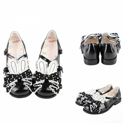 Black Crisscross Design Bunny Ear Polka-dot Pattern Bow at Top Lolita Shoes