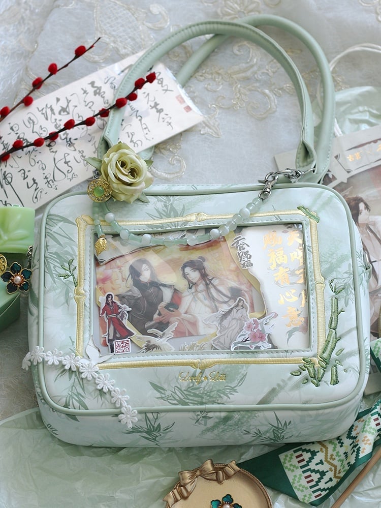 Light Green Bamboo Leaf Pattern Cheongsam Style Ita Shoulder Bag with Detachable Beaded Chain