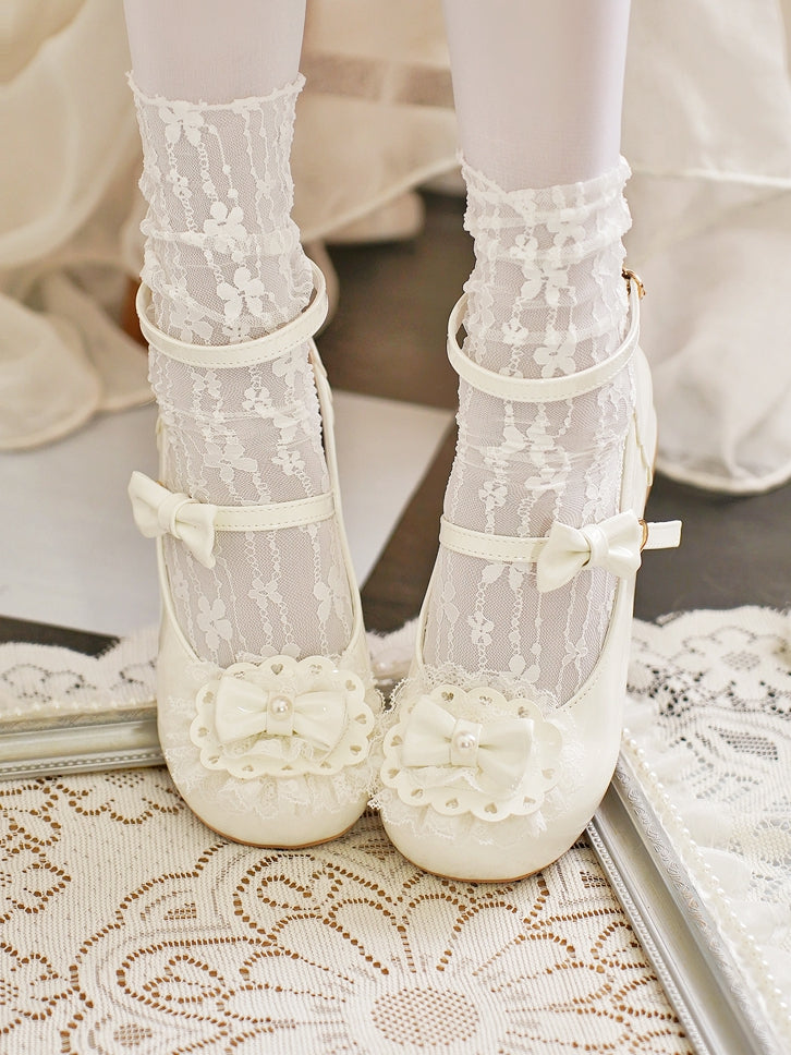 Milky White Bow at Top Lace Trim Heart Buckles Round Toe Lolita Shoes