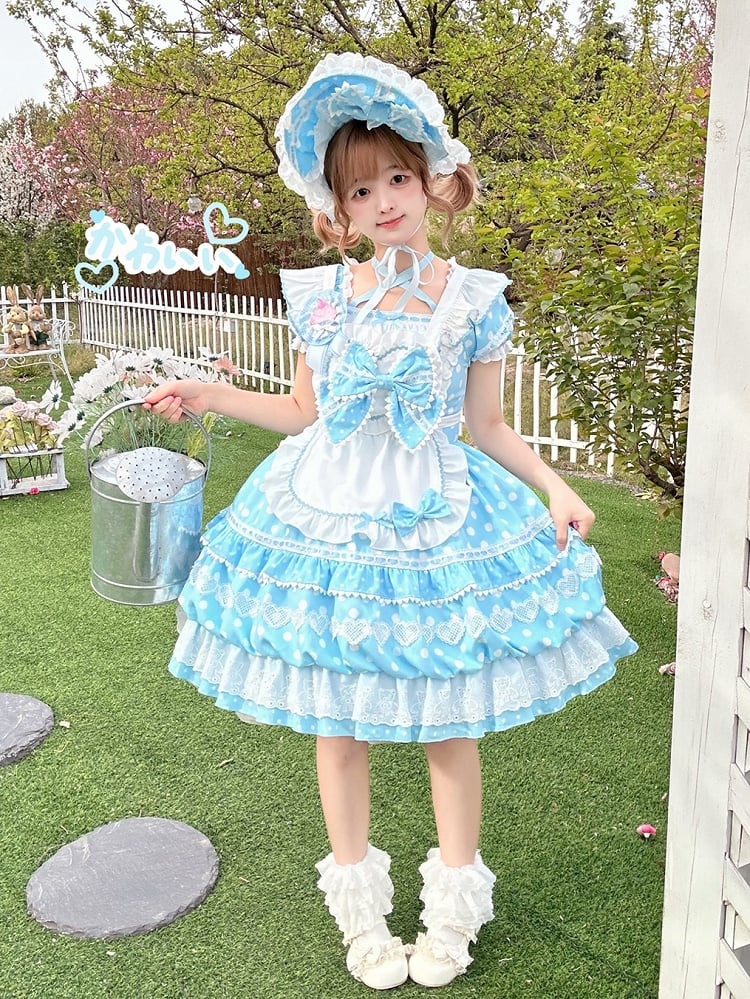 White Polka Dots Blue Square Neckline Lolita Short Sleeves Dress with Apron