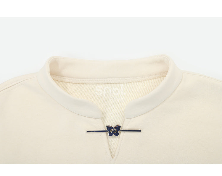 Cheongsam Style Butterfly Print Black/Apricot Banded Collar Sweatshirt