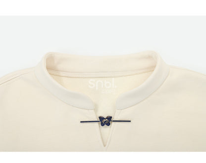 Cheongsam Style Butterfly Print Black/Apricot Banded Collar Sweatshirt