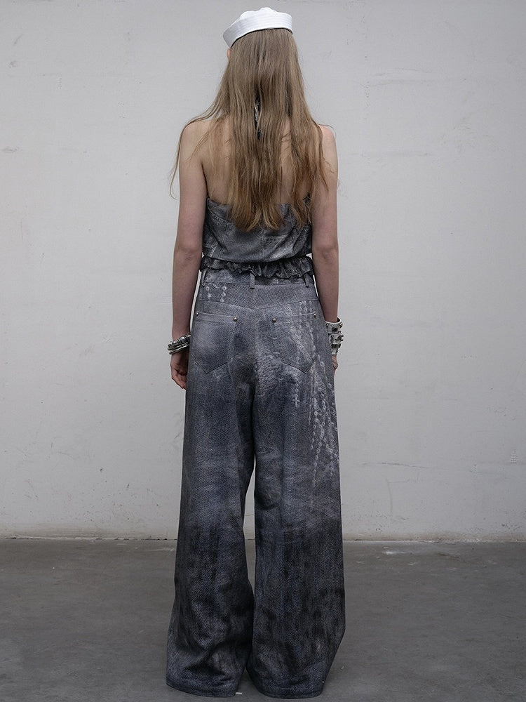 Blue Wasteland Punk Chain Print Lace Details Wide-leg Cut Jeans