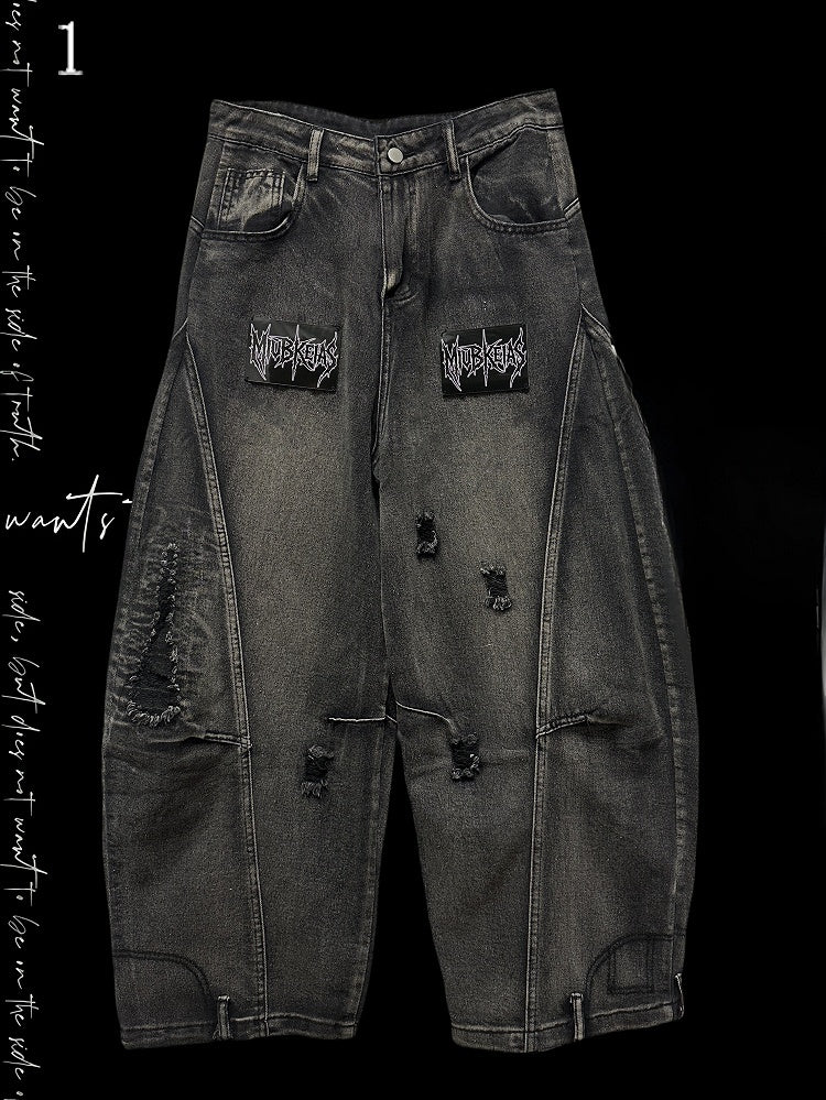 Dark Gray Letter Applique Distressed Holes Details Wide-leg Cut Jeans