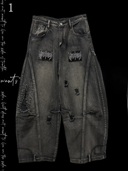 Dark Gray Letter Applique Distressed Holes Details Wide-leg Cut Jeans