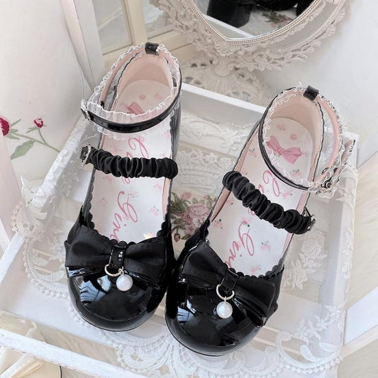 Black Bowknot Heart Buckle Strap Lace Details Block Heel Lolita Mary Janes