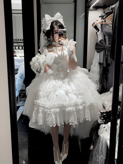 Beads and Rhinestones Neckline Design White Shiro Lolita Dress with Lace Trim and Bow Accents