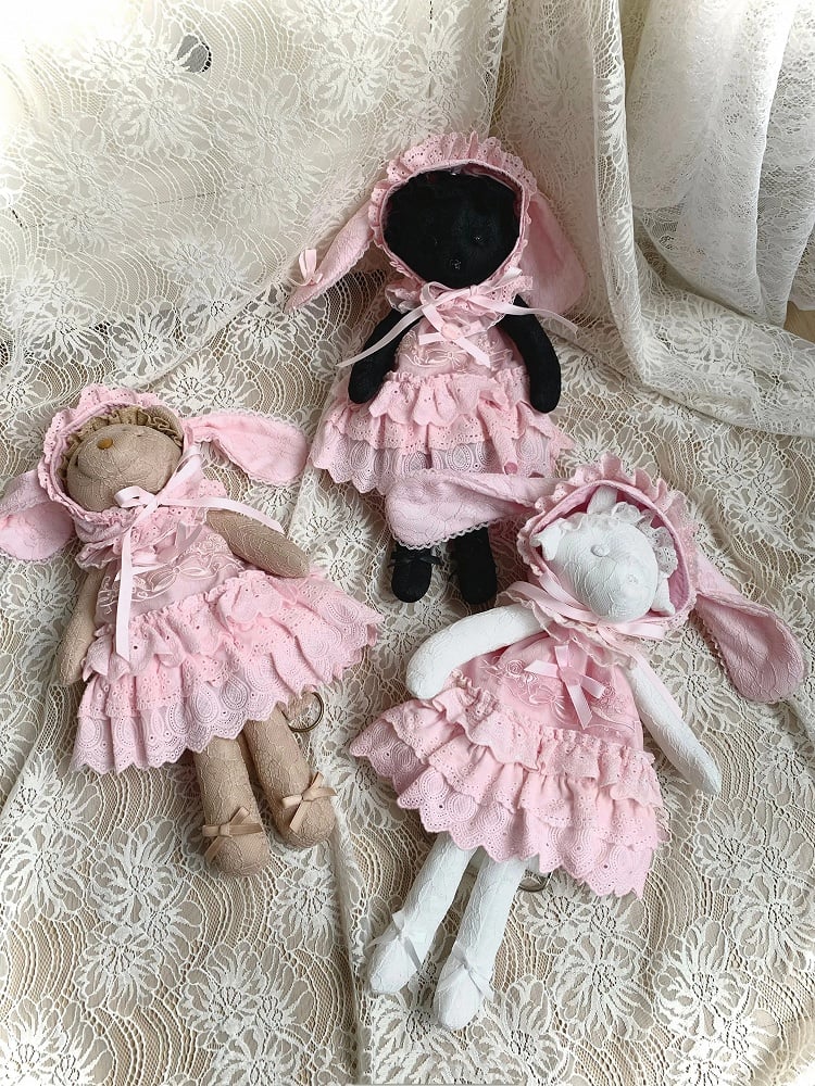 Pink Rosette and Bowknot Embroidery Dress + Bunny Ears Hat