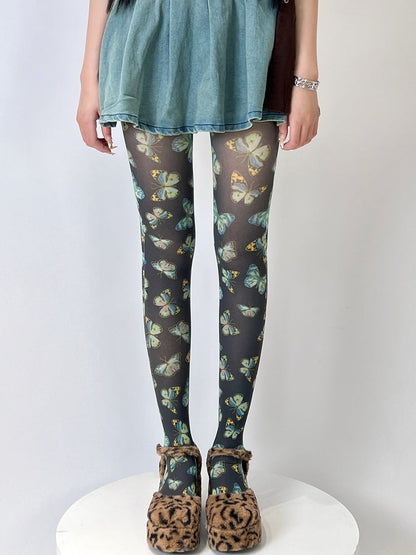 Yellow/Black Butterfly Print Tights