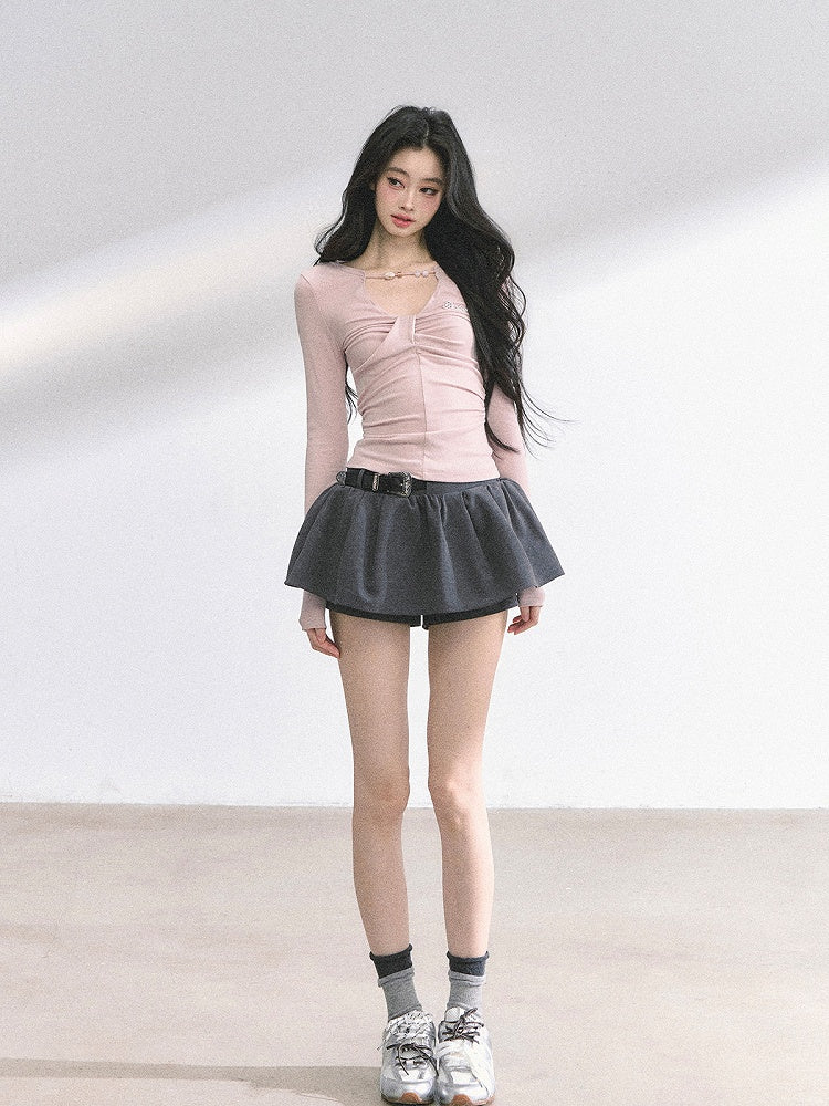 Light Pink Bead Details Neckline Ruched Design Top