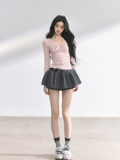 Light Pink Bead Details Neckline Ruched Design Top