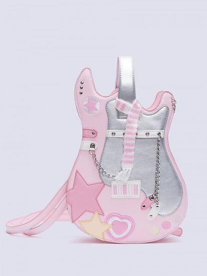 Pink & Silver Star Design Sweetheart Embroidered Guitar-shaped Bag