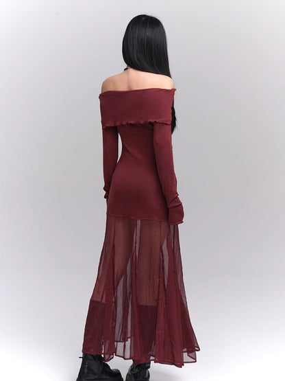 Wine Red Semi-sheer Off-the-shoulder Neckline Glamorous Dress