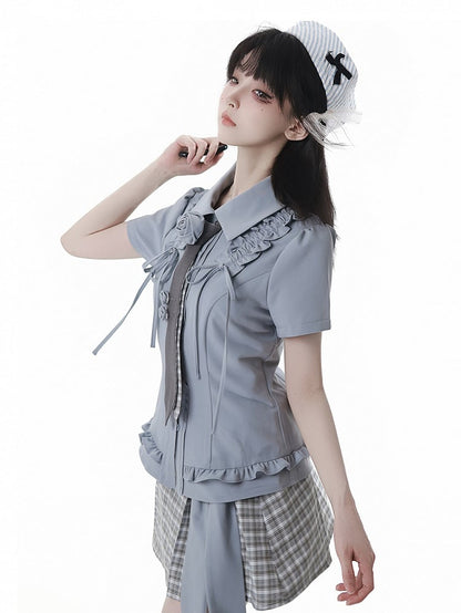 Dusty Blue Ruffle Trim Drawstring Details Preppy Style Slim-fitting Shirt
