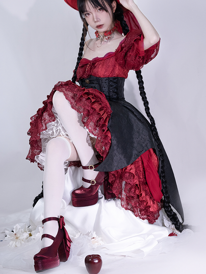 Wine Red Detachable Bowknot Lily of the Valley Embroidery High Block Heel Platform Mary Janes