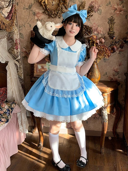 Plus Size Friendly Blue Short Version Maid One Piece + Apron Alice in Wonderland Vibes