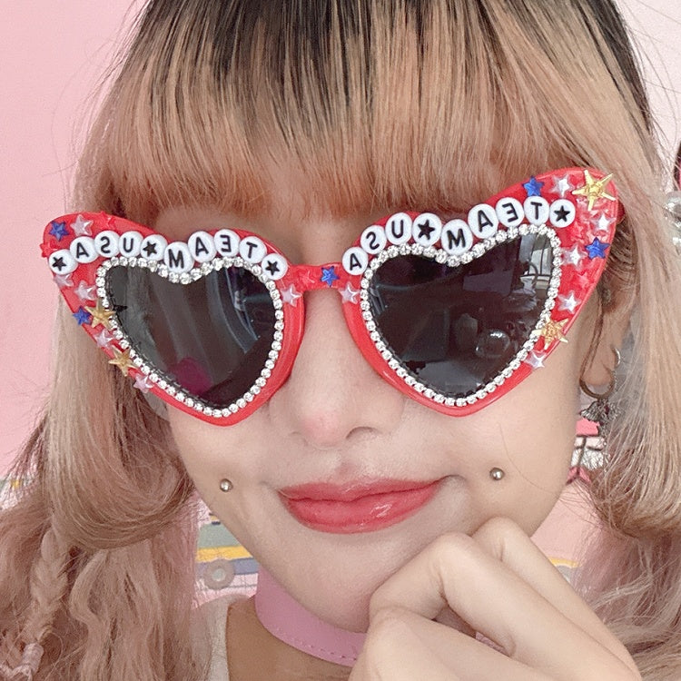 4 Options Letter Design Beaded Decorated Sunglasses