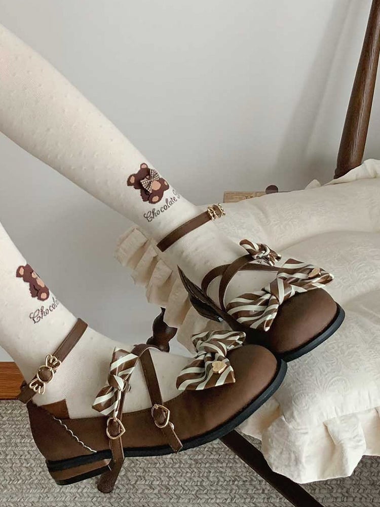 Brown Striped Pattern Bow at Top Crisscross Design Heart Buckles Lolita Shoes