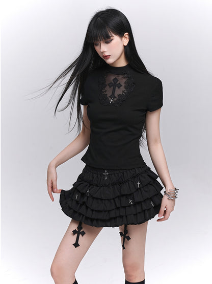 Gothic Black Cross Charms Mini Tiered Skirt Bloomers Lining
