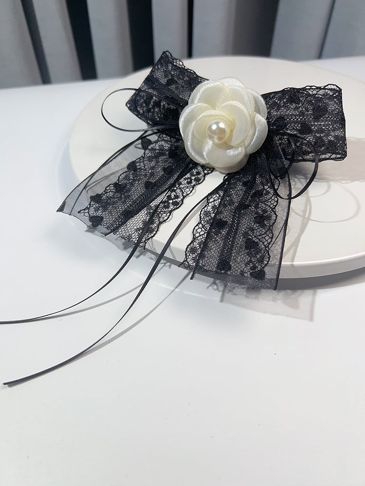 Black&White Beaded Decorated Camellia Design Bow Tie