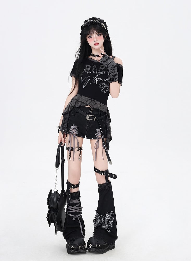 Black and Gray Lace-up Details Hem Denim Shorts with Butterfly Applique Leg Warmers