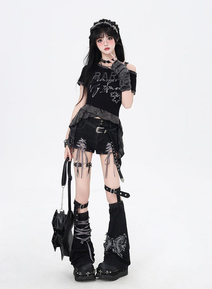 Black and Gray Lace-up Details Hem Denim Shorts with Butterfly Applique Leg Warmers