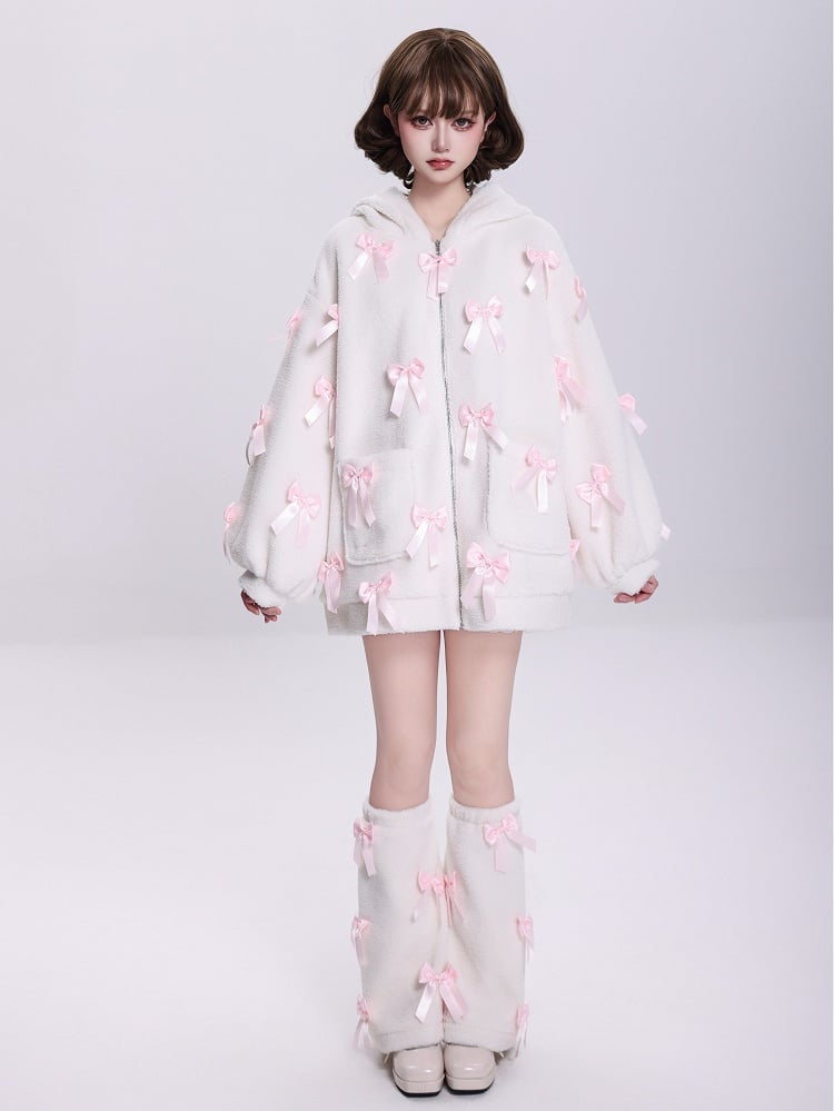 Allover Pink Bows Jirai Kei Bunny Ears Hooded White Fleece Zip Hoodie