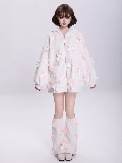 Allover Pink Bows Jirai Kei Bunny Ears Hooded White Fleece Zip Hoodie