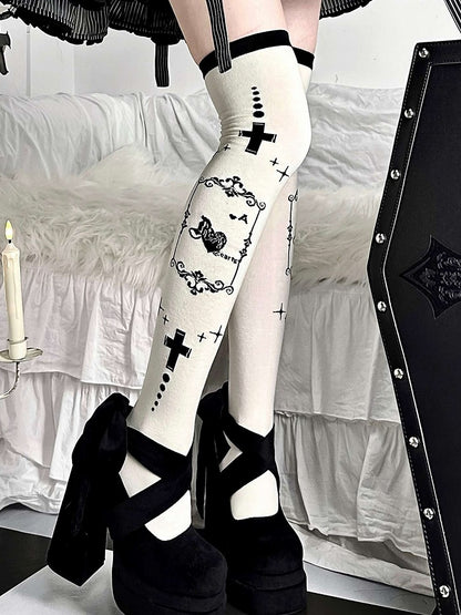 Black Cross Poker/Ace of Spades Butterfly Print Over-knee Stockings