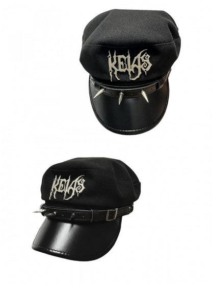 Black Punk Beret with Studs and Letters