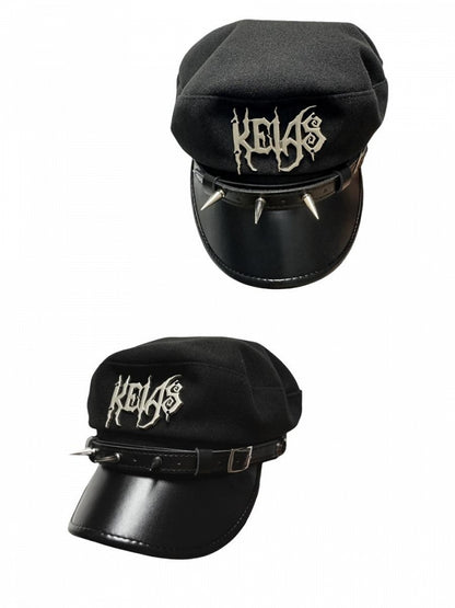 Black Punk Beret with Studs and Letters