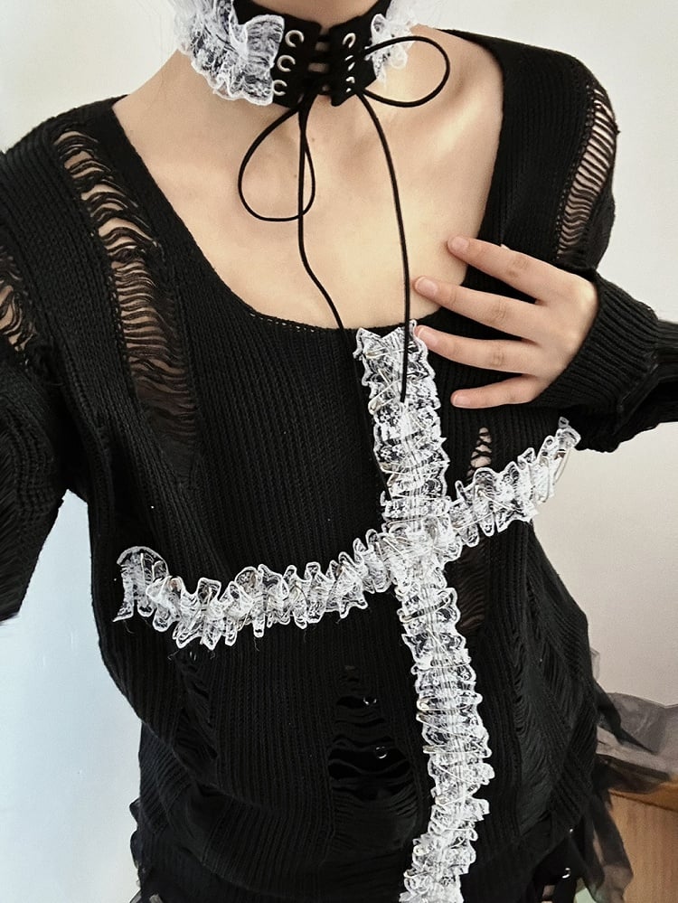 3 Colors Lace Cross Applique Hollowed-out Gothic Sweater + Lace-up Detail Choker