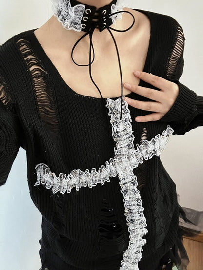 3 Colors Lace Cross Applique Hollowed-out Gothic Sweater + Lace-up Detail Choker