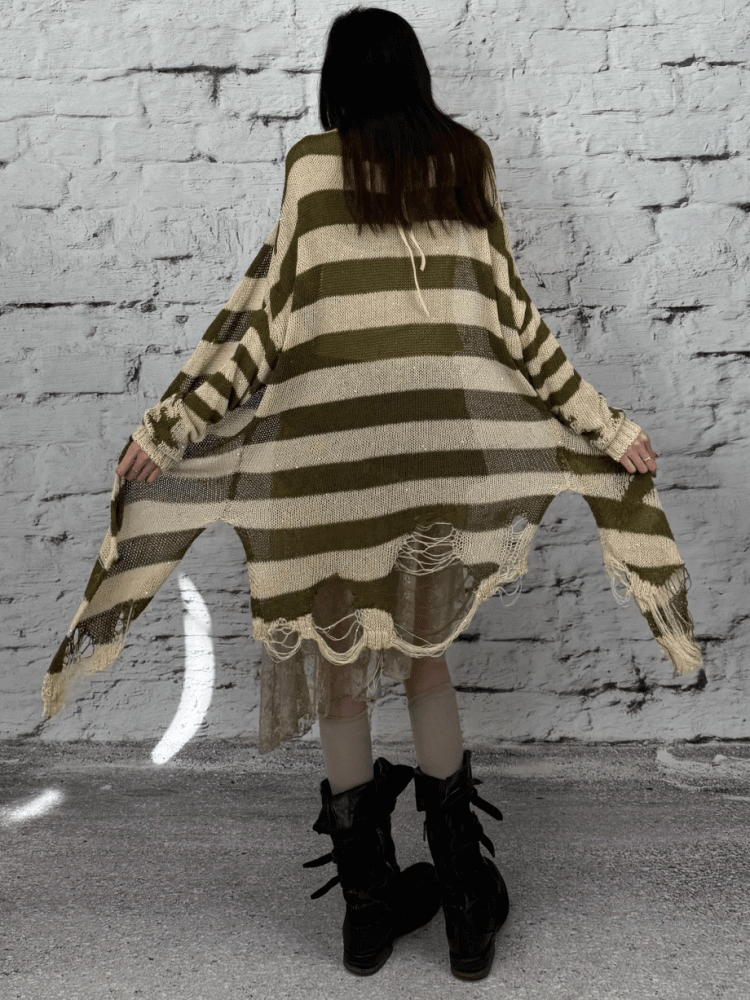 Green Wasteland Punk Striped Pattern Cardigan