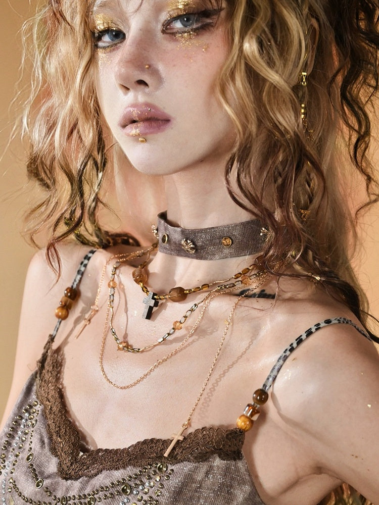 Brown Wasteland Punk Choker With Cross Pendant Beaded Neacklace