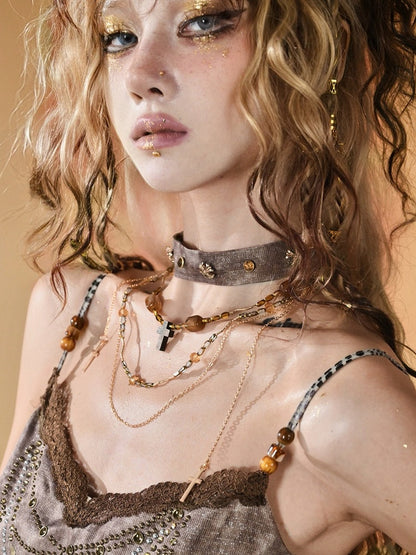 Brown Wasteland Punk Choker With Cross Pendant Beaded Neacklace