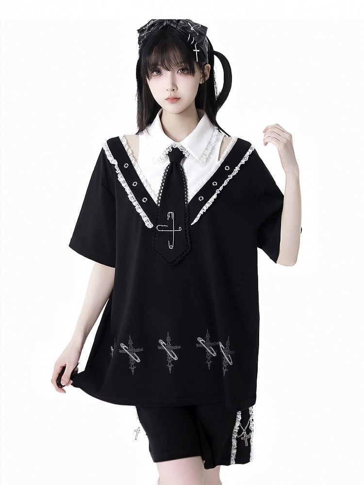 Black Shirt Collar Pin Cross Print T-Shirt with Free Tie