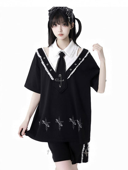 Black Shirt Collar Pin Cross Print T-Shirt with Free Tie