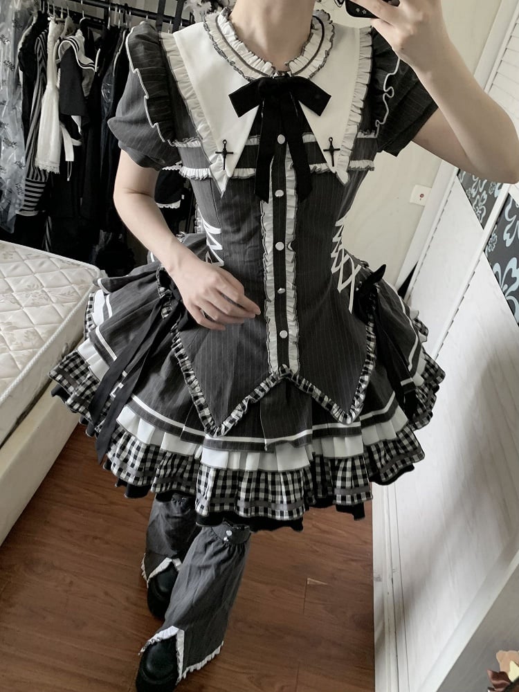 Dark Gray Gothic Lolita Short Sleeves Striped Dress with Bunny Ears at Back Collar