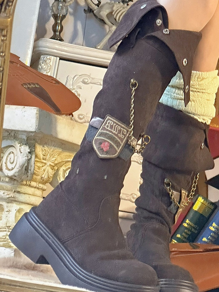 Dark Brown Chain and Embroidered Badge Platform Boots
