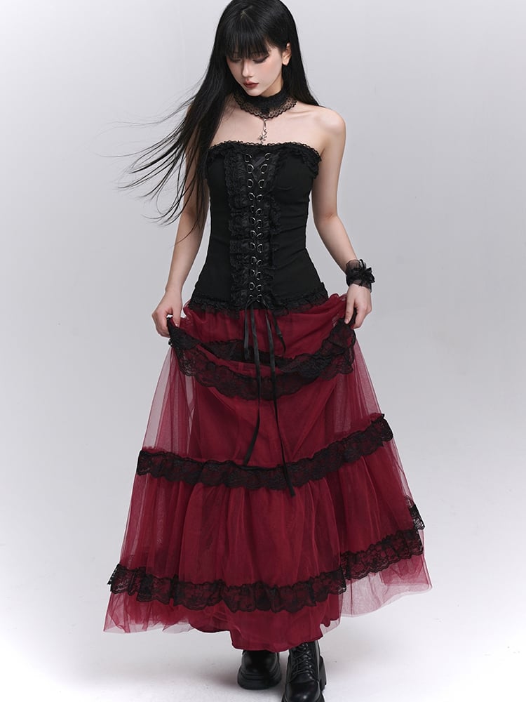 Contrast Black Lace Trim Wine Red Floor Length Mesh Skirt